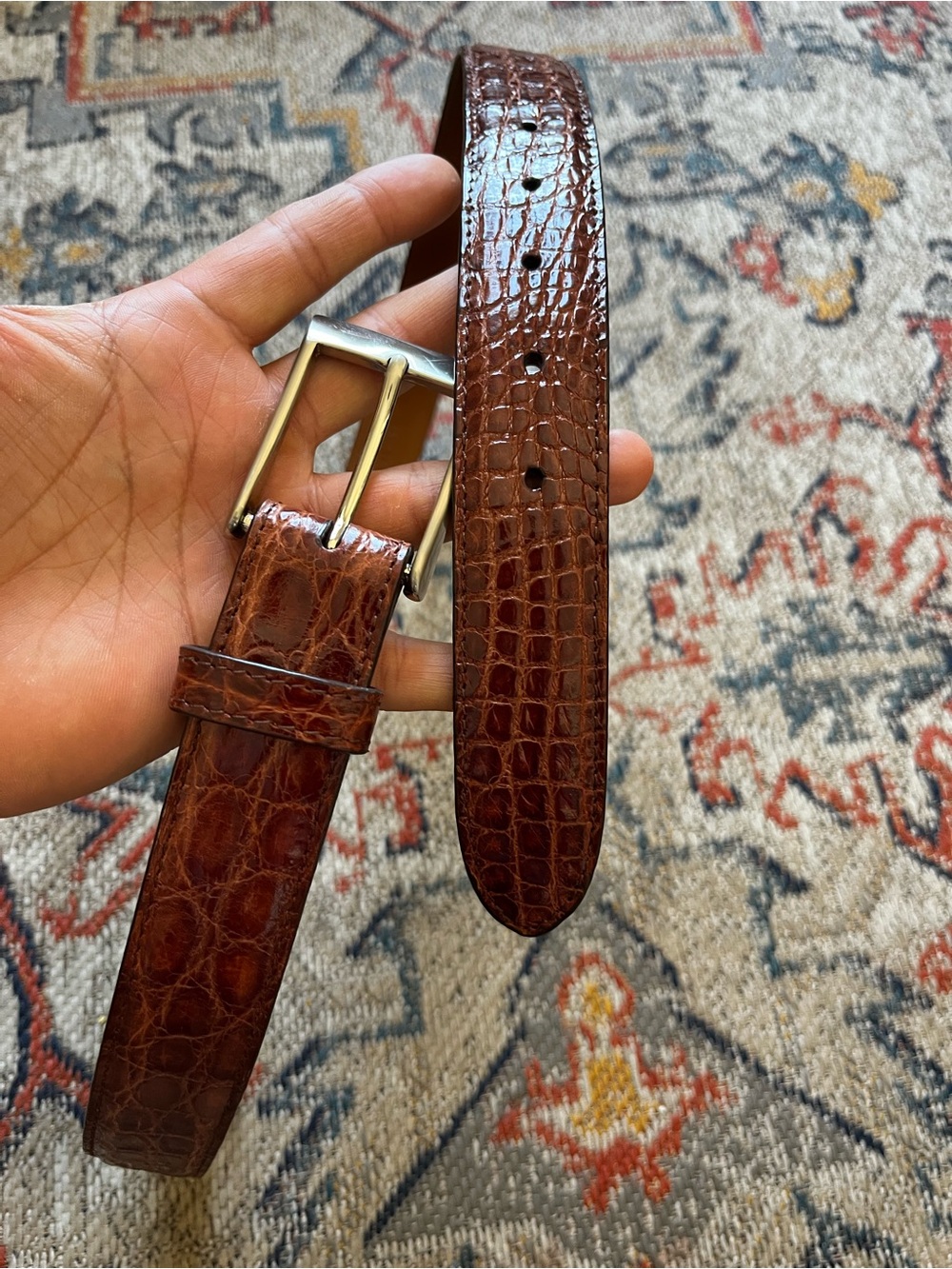 Saks Fifth Avenue Tan Genuine Crocodile Belt with Silver Buckle. 38